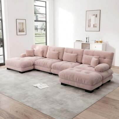 Modulares Ecksofa, U-förmiges Couch-Set für Wohnzimmer, 4-Sitzer, bequeme Cloud-Couches mit beweglichem Ottoman, DIY-Kombination, Chenille, Pink