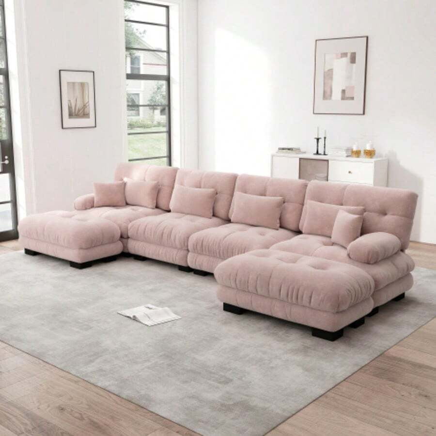 Modular Ecksofa, U-Shaped Couch Set For Wohnzimmer, 4-Sitzer Comfortable Cloud Couches Mit Beweglichem Ottoman, DIY-Kombination, Chenille, Pink - Baby Pink - View 1