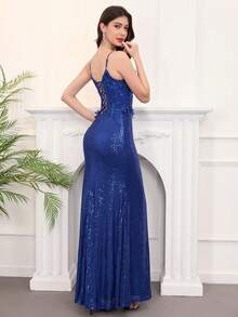 优雅美人鱼亮片晚礼服，无袖V领长款正式派对礼服，露背设计，饰有亮片蕾丝花朵，性感高开衩至大腿 - 寶藍色 - 查看 4