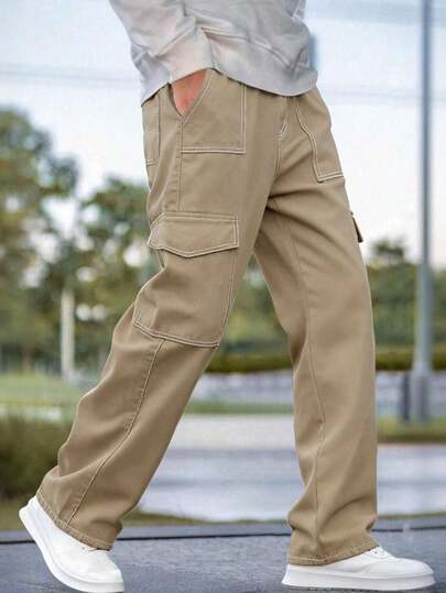 1pc Men's Multi-Pocket Cargo Pants, Casual Fashion Versatile, Plus Size, Suitable For Daily, Outdoor, Hiking, Workout, Running, Commuting, Relaxed Fit, Straight Leg, Autumn/Winter