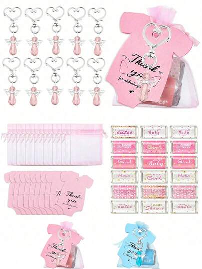24 Sets Baby Shower Party Favors Baby Shower Angel Keychains Label Sticker Cards Organza Bags For Baptism Party