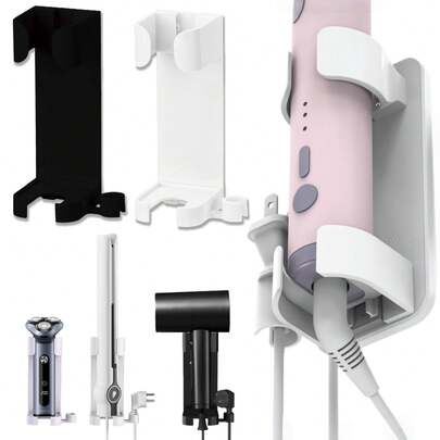 Adhesive No Drill Hair Curler Holder - Damage-Free Installation Straightener & Blow Dryer Rack, Plastic Multi-Tool Storage Organizer, Space-Saving For Bathroom/Bedroom (White/Black)