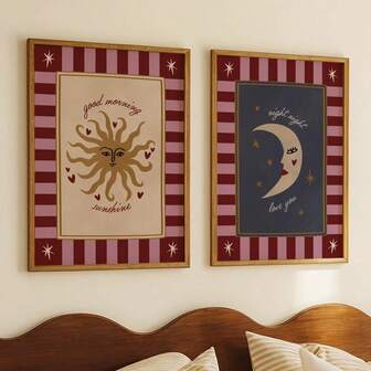 Set de 2 lienzos sin marco, pósteres de arte de pared, impresiones de lienzo vintage del sol y la luna, "Buenos días", "Te amo", arte moderno y elegante, para decoración de sala de estar, dormitorio, guardería, arte ideal para el hogar, póster de regalo para el Ramadán