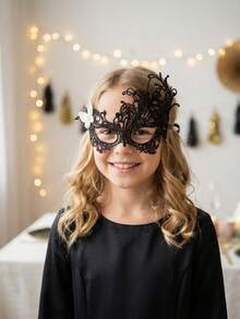 1pc Women & Girls Lace Butterfly Masquerade Half Face Mask, White Hollow Lace Mask, Party Mask, Parent-Child, Adult Female Personalized Mask, Masquerade - Black - View 5