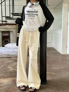 Women's Drawstring Waist Soft & Slouchy Straight Leg Loose Casual Pants - Apricot - View 1