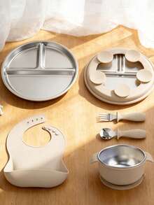 5件套/4件套不锈钢餐具套装，婴儿喂养用具，断奶工具，围兜，不锈钢盘子，不锈钢碗，不锈钢叉勺 - 彩色 - 查看 1