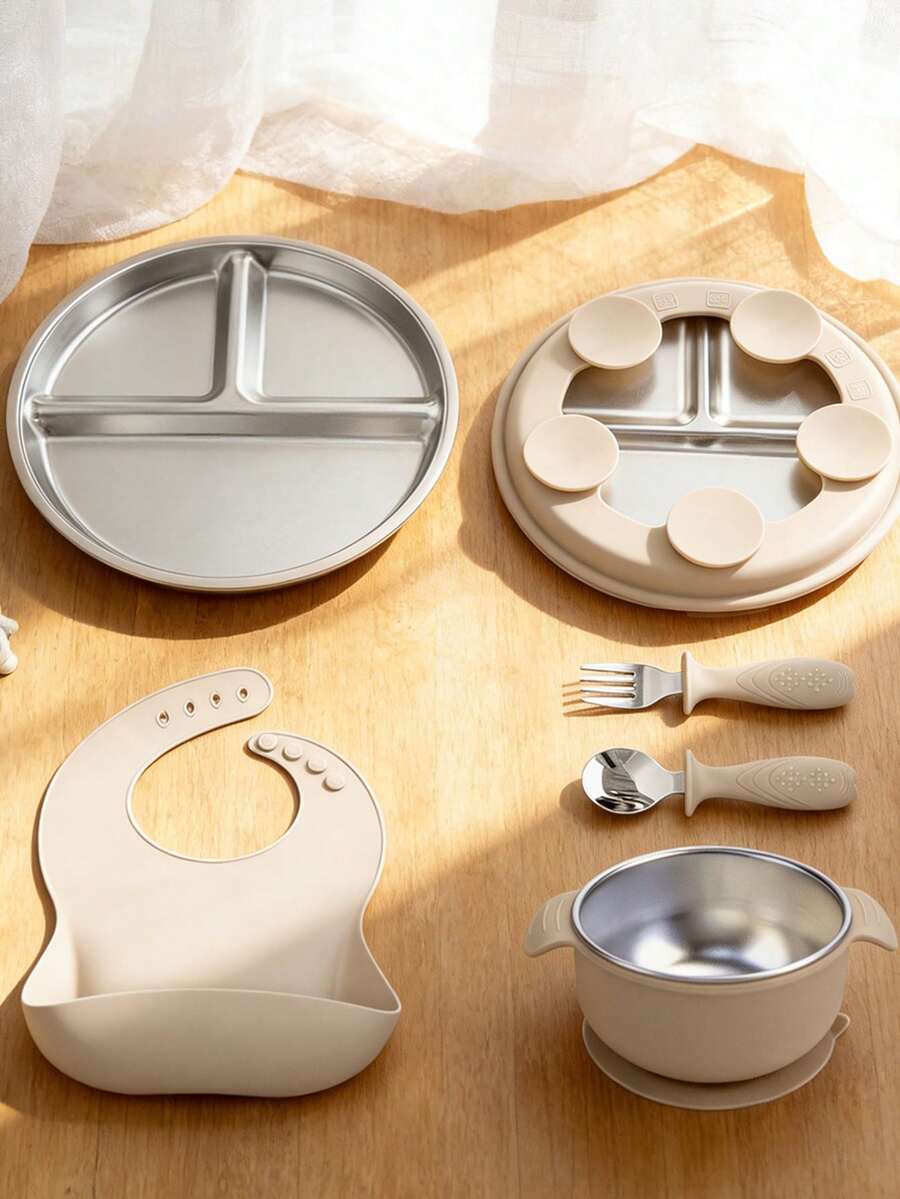 5件套/4件套不锈钢餐具套装，婴儿喂养用具，断奶工具，围兜，不锈钢盘子，不锈钢碗，不锈钢叉勺 - 彩色 - 查看 1