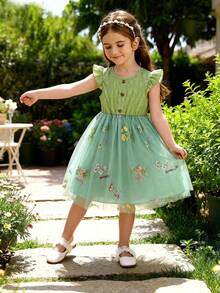 女童优雅夏季连衣裙 - 浅绿色花卉刺绣网纱连衣裙，泡泡袖，仿纽扣和荷叶边细节，适合春夏穿着 - 薄荷綠 - 查看 10