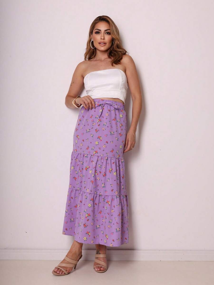 Floral Skirts With Elastic Waistband And All-Over Print. - 紫色 - 查看 1