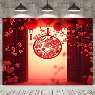 1 Piece, Polyester Chinese Asian New Year Theme Party Background, Chinese Spring Festival Celebration, Red Lanterns, Flowers, Photography Background, New Year Party, Adult Photography Props
