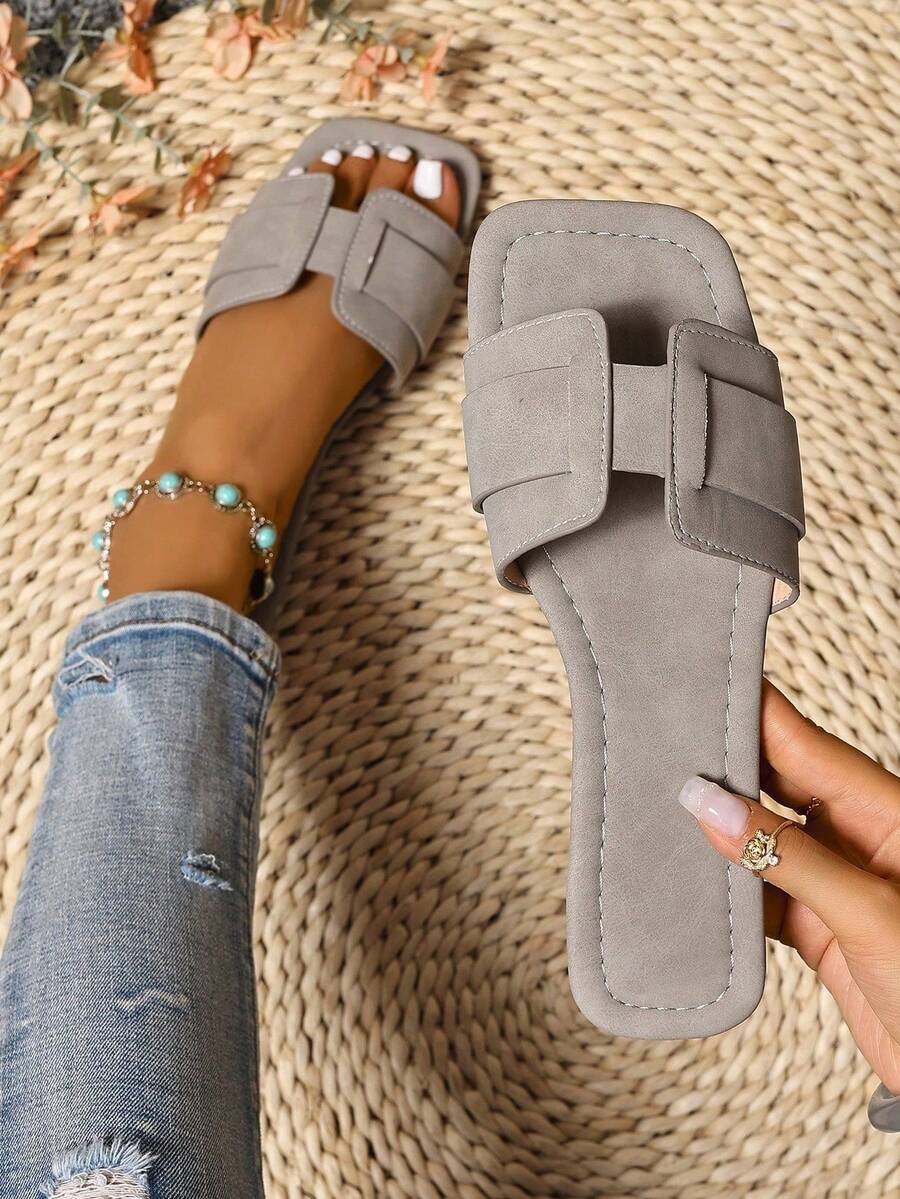 新款春夏时尚休闲绑带凉鞋，舒适平底圆头沙滩拖鞋，百搭简约女士一脚蹬凉鞋 - 灰色 - 查看 1