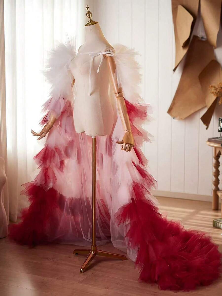 Luxury Bridal Veil With Long Train, High-End Sense, Suitable For New Year's Party, Wedding Dress Accessory, Runway Show Train Skirt Slip, Shawl Valentine's Day Accessories - Red and White - View 1