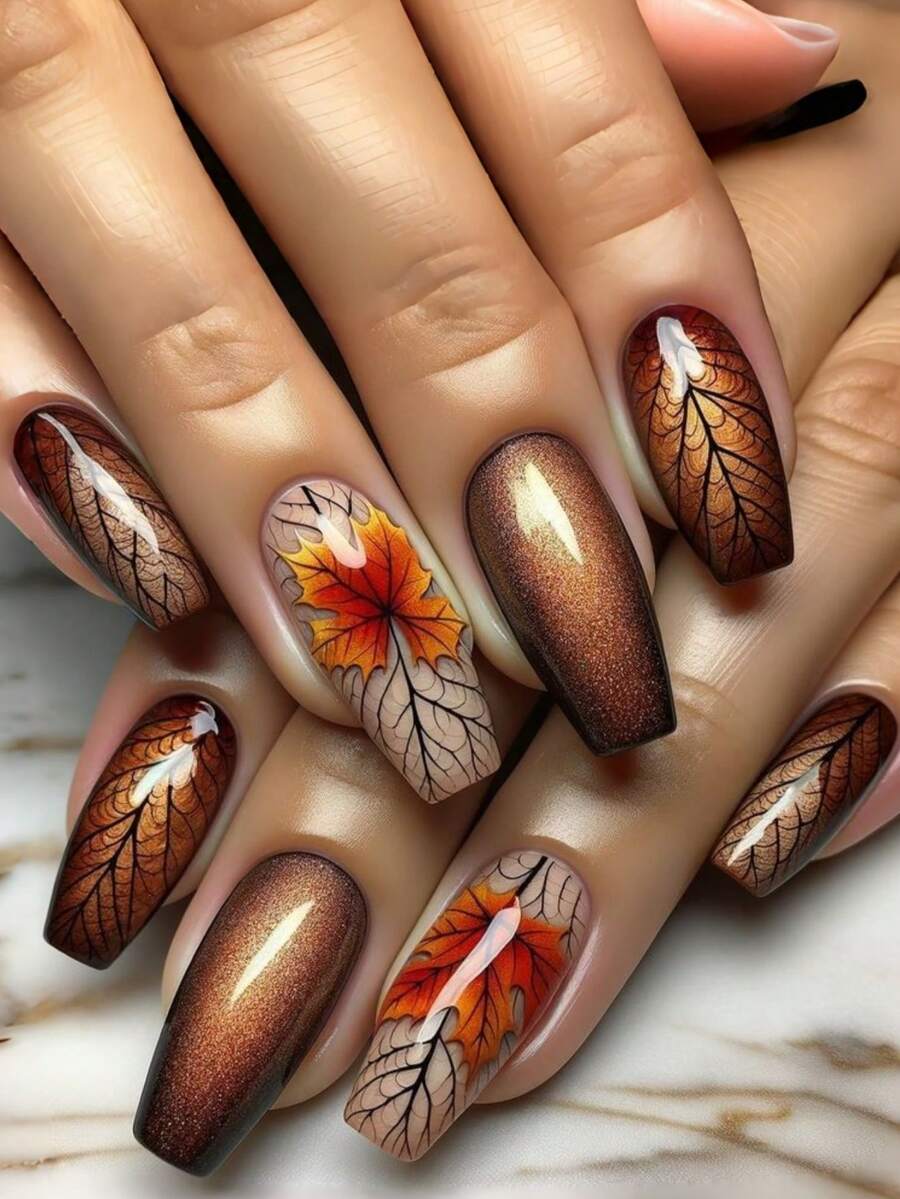 24 miếng dán móng tay họa tiết lá phong màu nâu, dụng cụ trang trí móng tay, phong cách Y2K. - Rỉ Nâu - Xem 1
