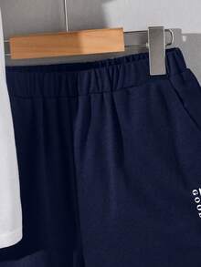 男童宽松休闲短袖 Polo 领 T 恤（带字母图案）和短裤两件套 - 寶藍色 - 查看 3