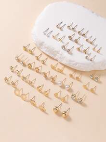 30 Pairs/Set Elegant Rhinestone, Faux Pearl, Snowflake, Bow-Knot, Round Star Stud Earrings, Fashionable Jewelry Party Gift - Yellow Gold - View 3