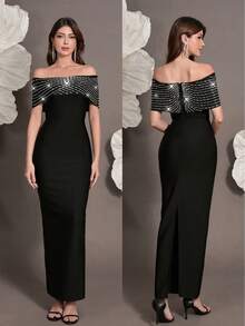 Off-Shoulder Knit Bandage Dress, Women's Luxury Rhinestone Embellished Bodycon Party Dress, Suitable For Family Gatherings, Parties, Banquets - Black - View 1