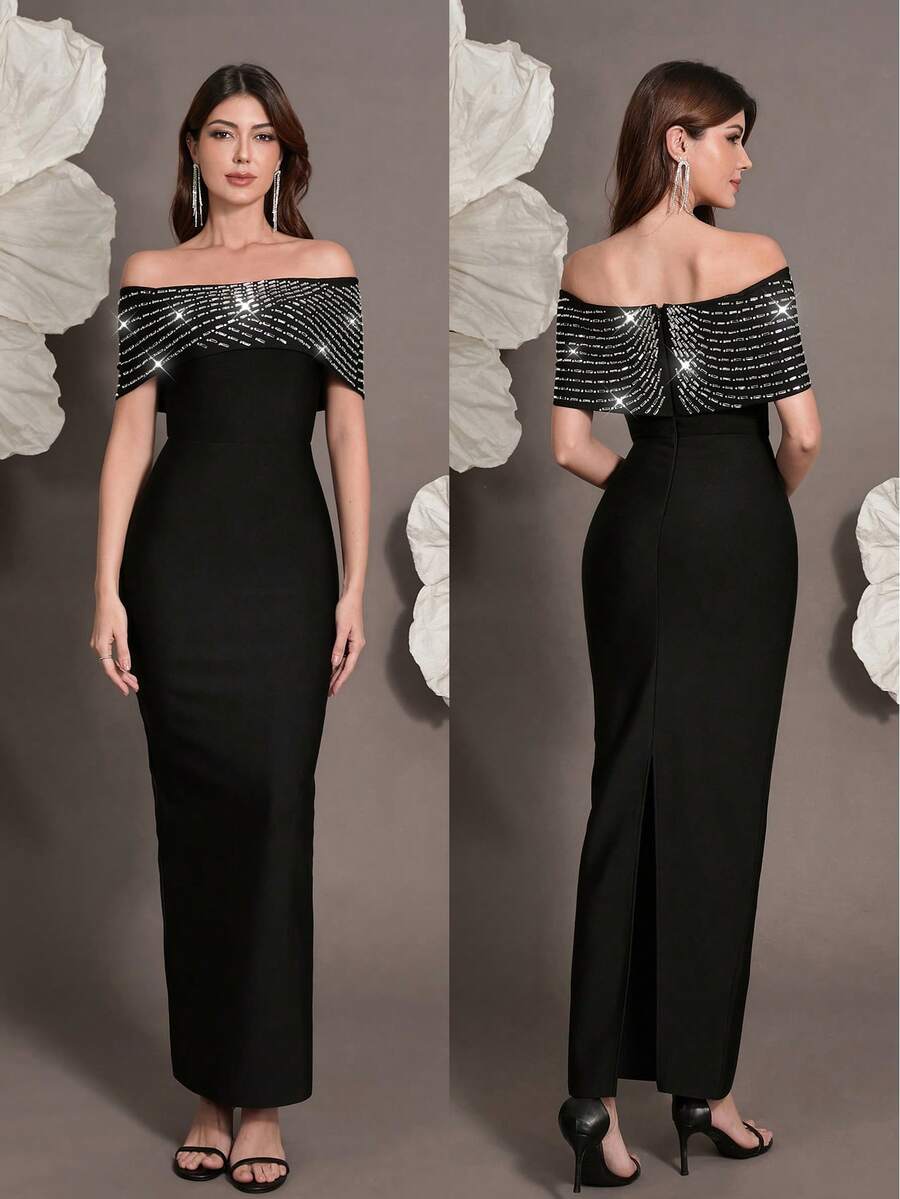 Off-Shoulder Knit Bandage Dress, Women's Luxury Rhinestone Embellished Bodycon Party Dress, Suitable For Family Gatherings, Parties, Banquets - Black - View 1