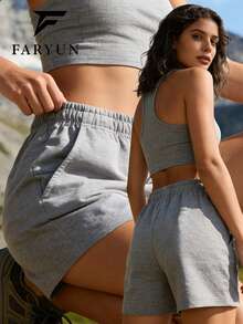 女士户外休闲百搭舒适透气短裤，纯色简约户外短裤 - 灰色 - 查看 1