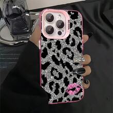 1pcs Glitter Leopard Print With Pink Kiss Phone Case Compatible With Apple Phone 17ProMax 16 15 14 13 12 11ProMax Pro Xs Max XS X 7plus 8plus Silicone Shock Proof Vintage Funky Fashion Stunning Can Be Given To Friends Can Be Given To A Lover - Hồng - Xem 2