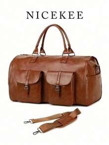 Multi Functional Portable Folding Travel Bag, Men's And Women's Clothing Storage Bag, Simple Solid Color Large Capacity Outdoor Fitness Bag, Practical Multi Pocket Partition Storage Overnight Handbag, Equipped With Independent Shoe Compartment And Adjustable Long Shoulder Strap, Suitable For Business Trips, Overnight Fitness, Etc - 棕色 - 查看 1