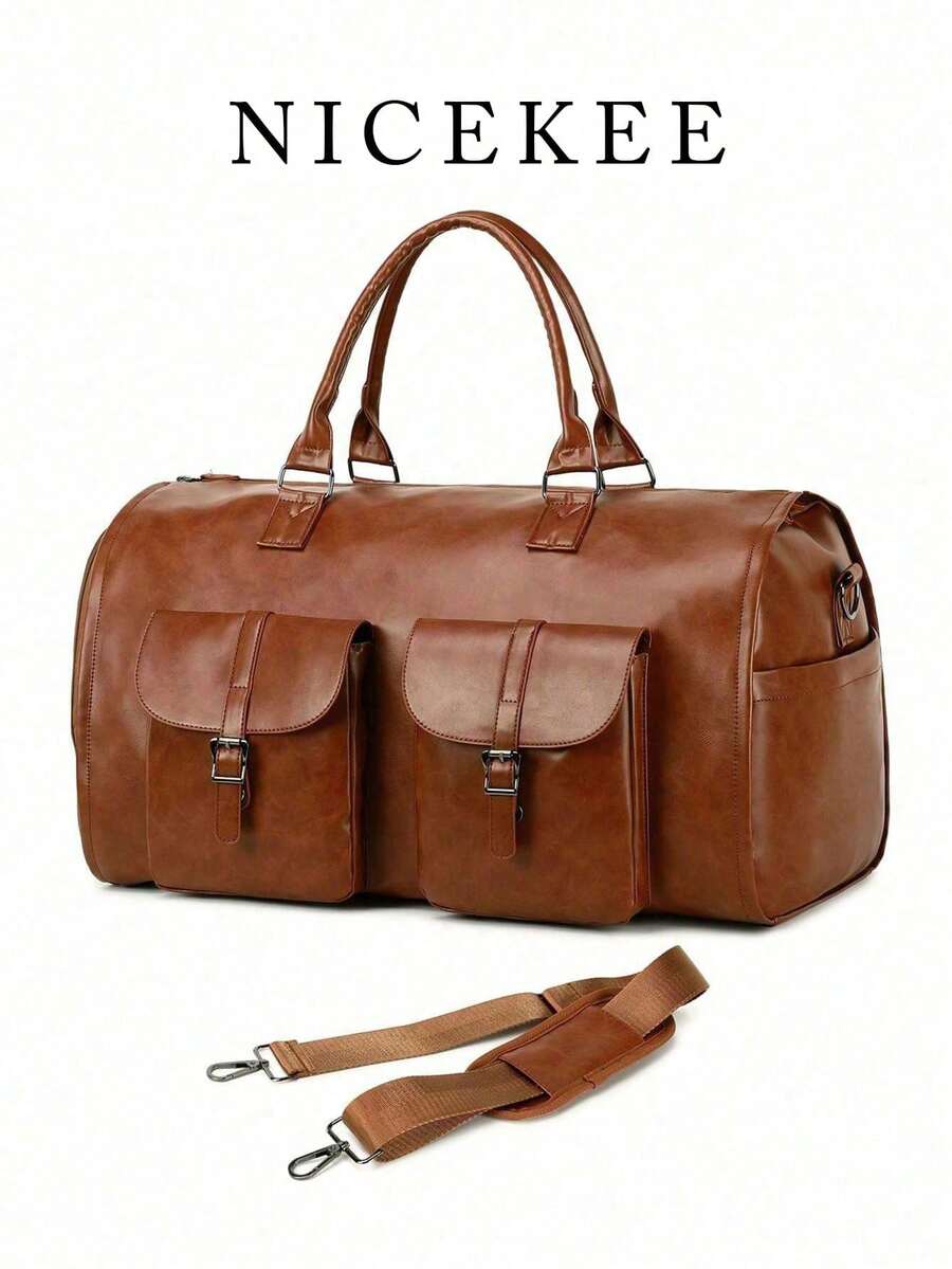 Multi Functional Portable Folding Travel Bag, Men's And Women's Clothing Storage Bag, Simple Solid Color Large Capacity Outdoor Fitness Bag, Practical Multi Pocket Partition Storage Overnight Handbag, Equipped With Independent Shoe Compartment And Adjustable Long Shoulder Strap, Suitable For Business Trips, Overnight Fitness, Etc - 棕色 - 查看 1