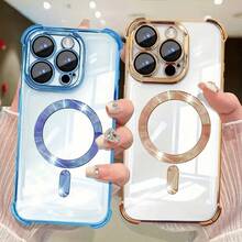 1pc Black Magnetic Airbag Anti-Fall Case With Lens Film, Transparent High-End Silicone Magnetic Wireless Charging Thick Protective Cover Compatible With Apple 17 Pro/17 Pro Max, Air, 17, 16 Pro/16 Pro Max/16 Plus/16/16E/SE4, 15 Pro/15 Pro Max/15 Plus/15/14 Pro/14 Pro Max/14 Plus/14/13 Pro/13 Pro Max/13/12 Pro/12 Pro Max/12/11 Pro Max/11/11 Pro