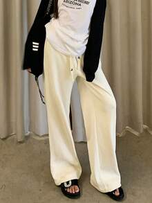 Women's Drawstring Waist Soft & Slouchy Straight Leg Loose Casual Pants - Apricot - View 2