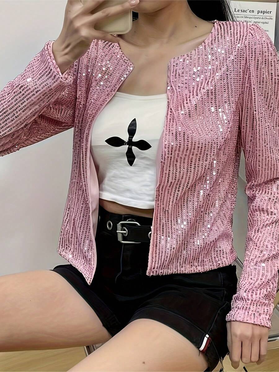 2025 Spring New Women's Fashion Stand Collar Solid Color Sequin Jacket Short Casual Versatile Small Jacket - 粉色 - 查看 1