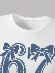 Youth Girl Cartoon Print Short Sleeve Top And Denim Skirt Set - White - View 5