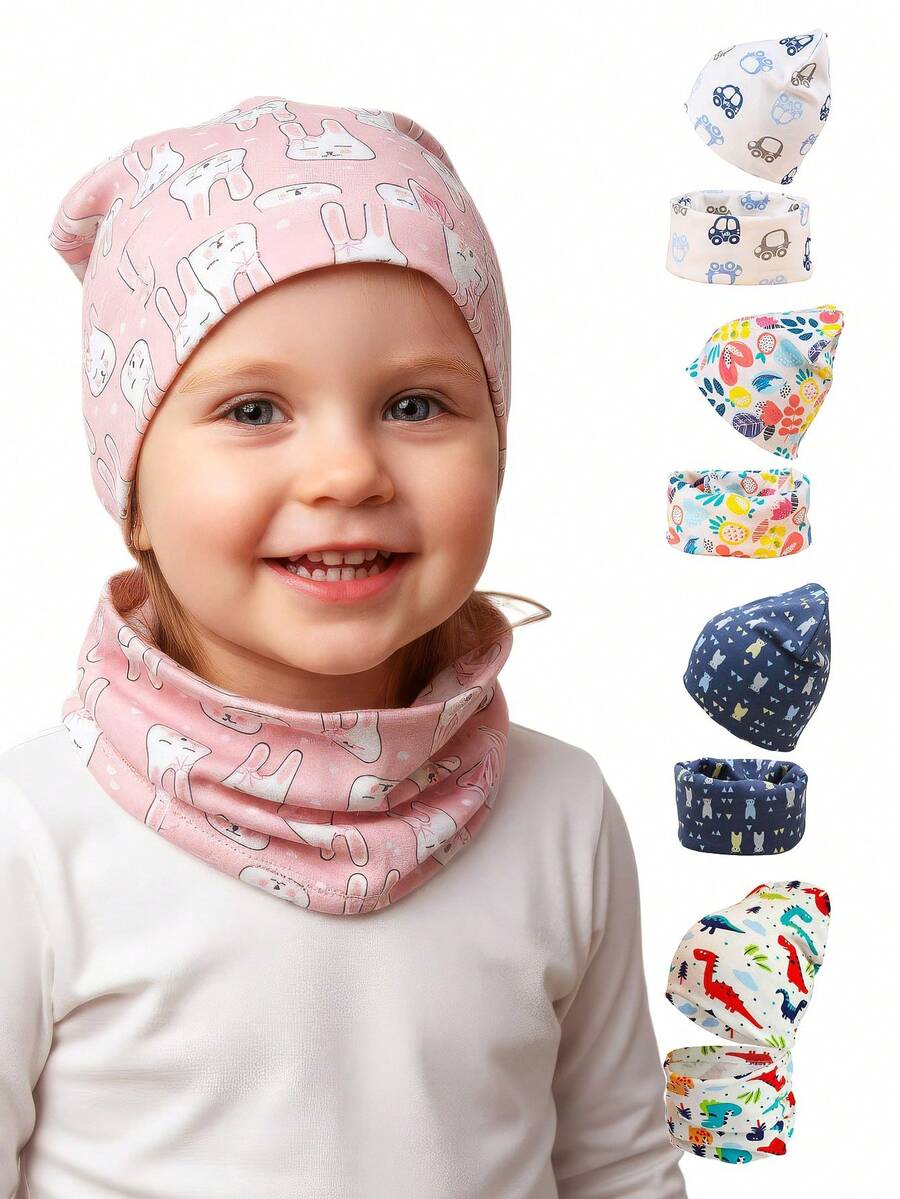 2pcs/Set Baby Brimless Beanie Hat And Scarf Set, Cartoon Pattern Children's Hat And Neck Warmer Two Pieces, Brimless Cap And Neck Scarf For Boys And Girls, Autumn/Spring