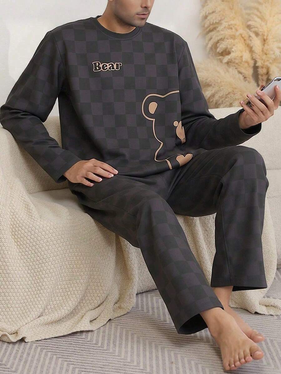 Spring & Autumn Men's Casual Comfortable Cartoon Bear Plaid Print Crew Neck Long Sleeve Top And Pants 2-Piece Loungewear Set, Lazy Minimalist Cute Cozy - Multicolor - View 1