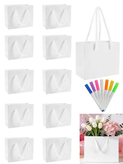 24/12个白色礼品袋，节日礼品袋，服装包装袋，购物袋，手提袋，适用于节日、婚礼、返校季、购物、派对、聚会、新娘送礼会、批发、情人节、开斋节（含记号笔）