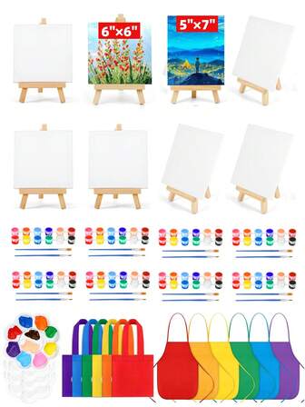 Set de 8 piezas con 12 colores de pintura acrílica, que incluye lienzos estirados de 5"X7" y 6"X6", caballete, pinceles planos y redondos, paleta, delantal desechable para arte, y bolsa de tote con diseño de arcoíris