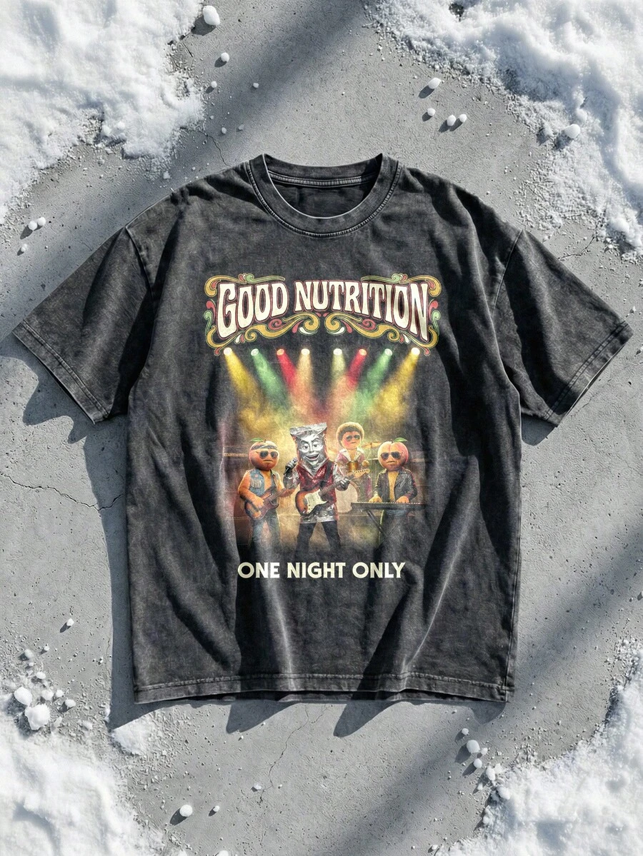 Veggie Rock Band Graphic Tee Acid Washed Shirt Unisex Couple Matching Group Trip Gear Good Nutrition Text Food And Wine Festival Outfit Kitchen Kabaret Tribute Epcot World Shirt Vintage 70s Aesthetic Cotton Graphic Tees Men Oversized T Shirt Summer Clothes Men Winter Clothes - màu đen - Xem 1