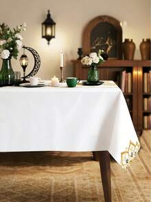 1pc White Background With Fine Gold Stars And Moons, Islamic Style, Simple And Elegant Festive Tablecloth For Holidays, Festival Party Decoration. Rectangular Tablecloth, Square Tablecloth. Suitable For Living Room, Dining Room, Outdoor Areas; Kitchen, Dining Table, Conference Table, Coffee Table, Dressing Table, Decorative Scarf, Home Decoration Tablecloth - Multicolor - View 2