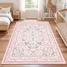 Washable 8x10 Floral Non Slip Low Pile Stain Resistant Area Rugs For Living Room, Bedroom, Girls Room, Farmhouse Dining Room - Pink - Hồng - Xem 7