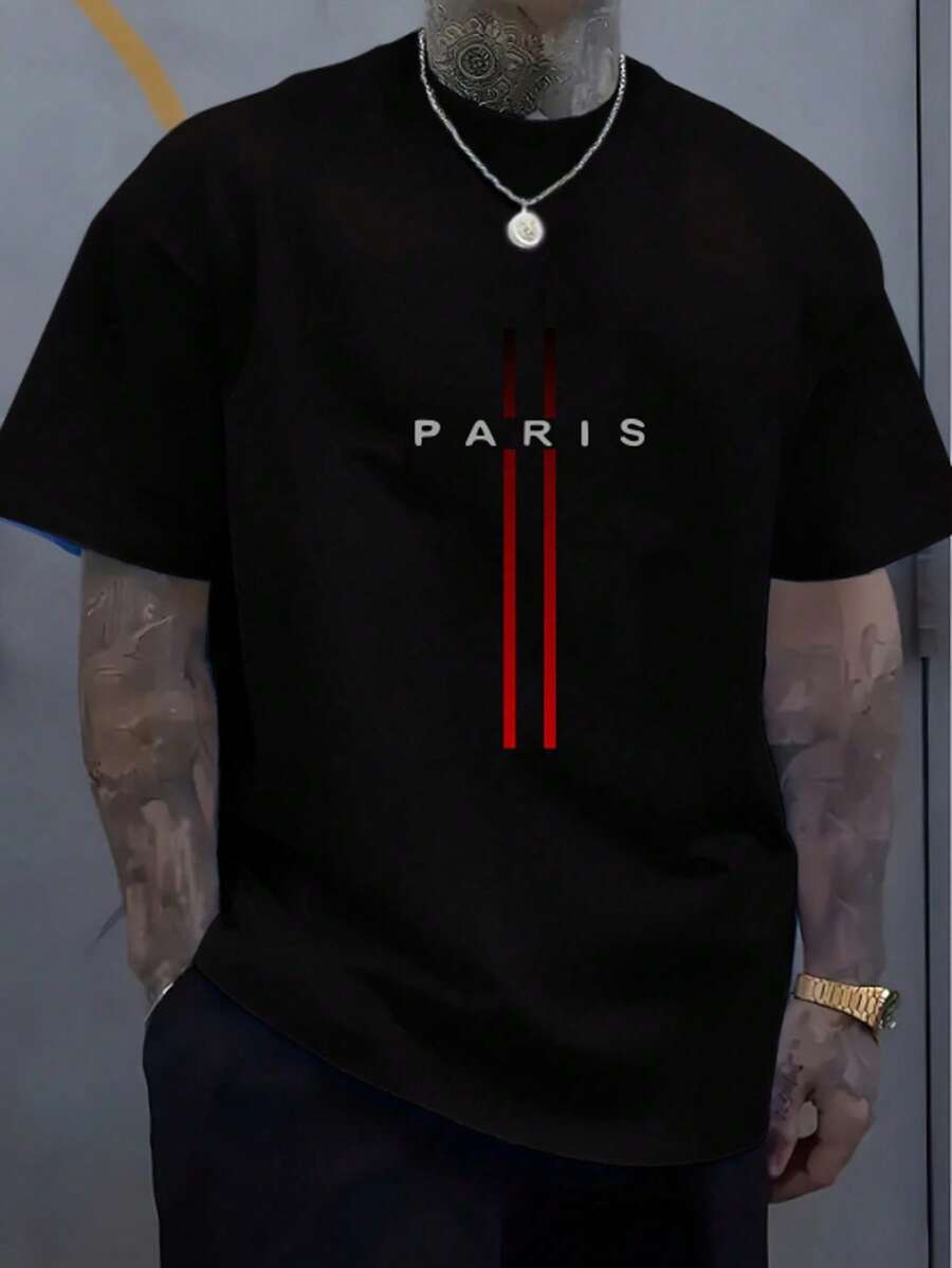Camiseta de Manga Curta com Estampa Parisiense Masculina, Camiseta Esportiva Plus Size - Casual Confortável, Camiseta Esportiva de Verão para Uso Externo, Branca com Listras Vermelhas e Azuis, Mistura de Poliéster, Gola Careca, Leve e Respirável, Adequada para Looks Casuais Pretos - Preto - Visão 1