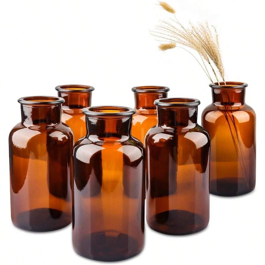 Set Of 6 Amber Bud Vases, Small Glass Vases, Vintage Medicine Bottles Apothecary Jars With Brush, Flower Vases For Home Decor, Wedding Centerpieces - 預設 - 查看 1