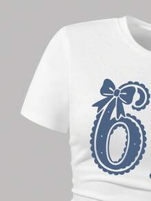 Youth Girl Cartoon Print Short Sleeve Top And Denim Skirt Set - White - View 4