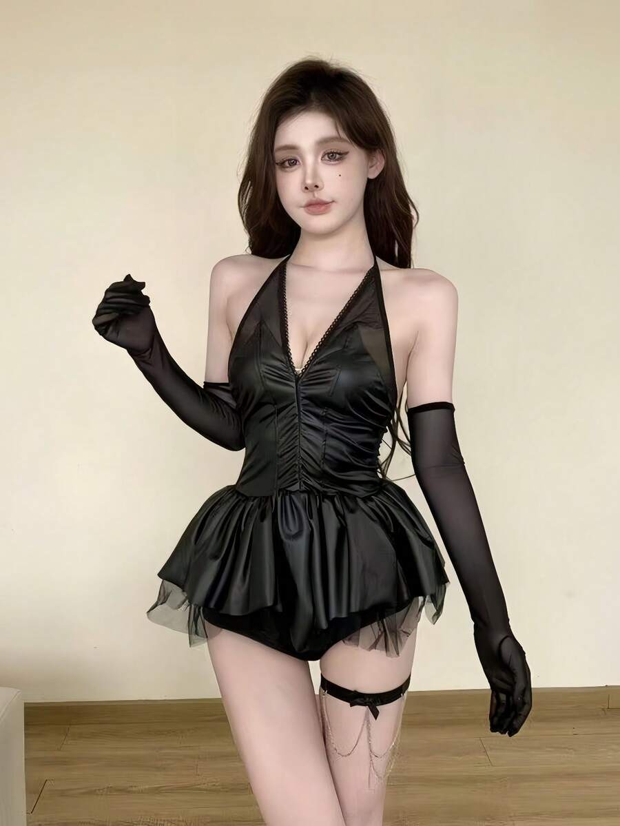 一件装性感仿皮露背吊带迷你连衣裙，网纱露背紧身短款上衣搭配蓬蓬裙，可爱女孩派对拍照、节日、舞者、角色扮演服装，春季款 - 彩色 - 查看 1