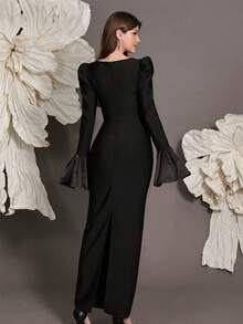 Handmade Beaded Flare Sleeve Knit Bandage Bodycon Dress, Luxury Sexy Fitted Cocktail Party Gown For Holiday, Family Gathering, Evening Event - Black - View 7