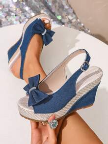Teenage Platform Sandals, Women's New Summer Thick Bottom Non-Slip Fashion Denim Bow Tie Versatile Wedge Peep Toe Sandals - Blue - View 5