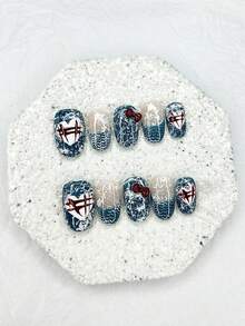 Bộ 10 miếng dán móng tay hình oval ngắn màu xanh denim in hình trái tim và nơ (1 miếng dán dạng gel + 1 dũa móng) - Dụng cụ làm móng - Màu xanh lam - Xem 12