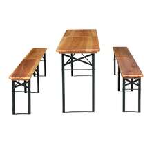 Folding Beer Garden Set 220 Cm, 3 Pieces: 1 Folding Table + 2 Benches, Weather-Resistant Solid Pine, Space-Saving, Supports Up To 200 Kg. - Natural Wood Color + Metal + 220cm - View 3