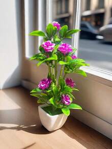 1 pieza Flor de rosa silvestre artificial y realista de colores rojo, rosa, púrpura y naranja en un jarrón cuadrado blanco para decoración del hogar, mini ornamento de arreglo