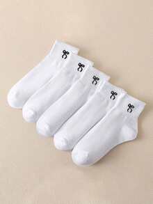 5/10双装女士可爱蝴蝶结丝带印花柔软透气休闲运动中筒袜，适合所有季节日常穿着，圣诞礼物 - 彩色 - 查看 6