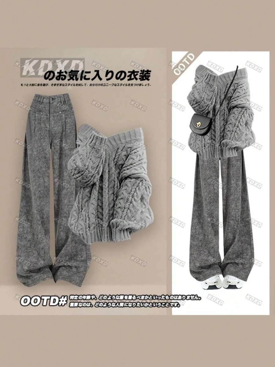 Women's Winter Suit 2025 New Korean Lazy Style Knit Sweater Temperament Slim Casual Pants Women's Winter Clothes Two Sets, Women's Autumn And Winter Fashion, Women's Winter Clothes - Áo len xám + quần tây xám - Xem 1