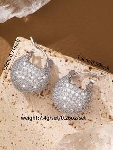 1 Pair Of Super Sparkling Semi-Circular Earrings With Ear Buckles, Fashionable, Luxurious And High-End, Versatile For Daily Commuting - White - View 2