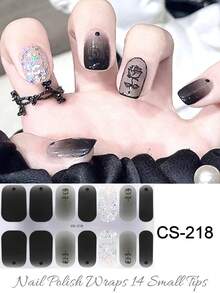 1张14片半固化凝胶美甲贴纸，超长指甲油贴纸，亮面凝胶封层，粉色炸弹美甲用品 - 黑色 - 查看 8