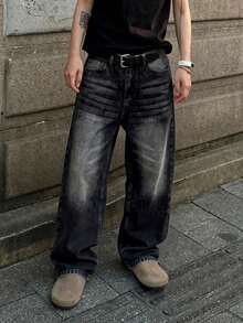 Men's Relaxed Fit Straight Leg Washed Jeans, American Casual Street Style Versatile Denim Pants, Suitable Gift For Husband Or Boyfriend - Black - View 3